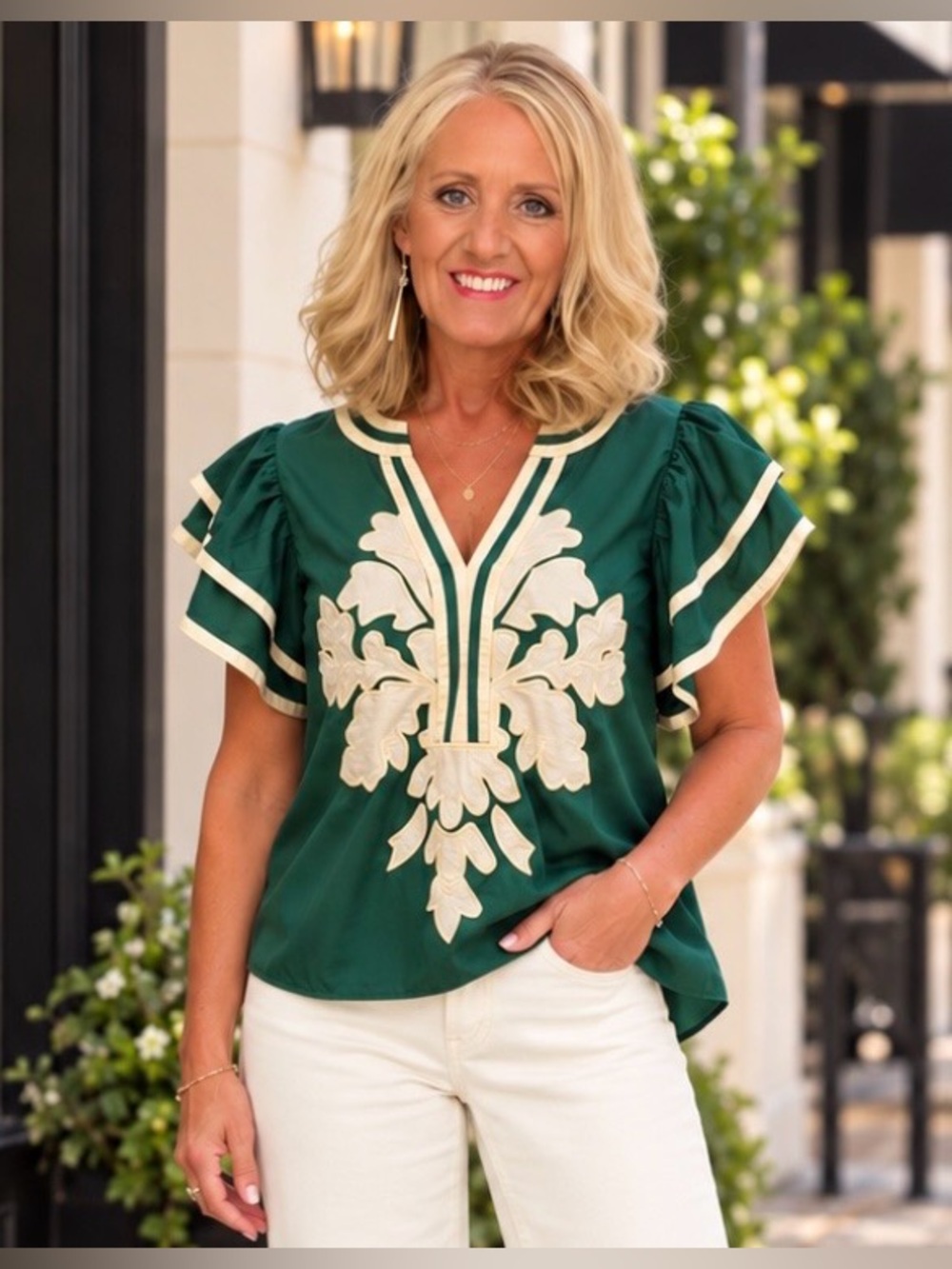 entro Emerald Green V-Neck Flutter Sleeve Top with Cream Embroidery Medium